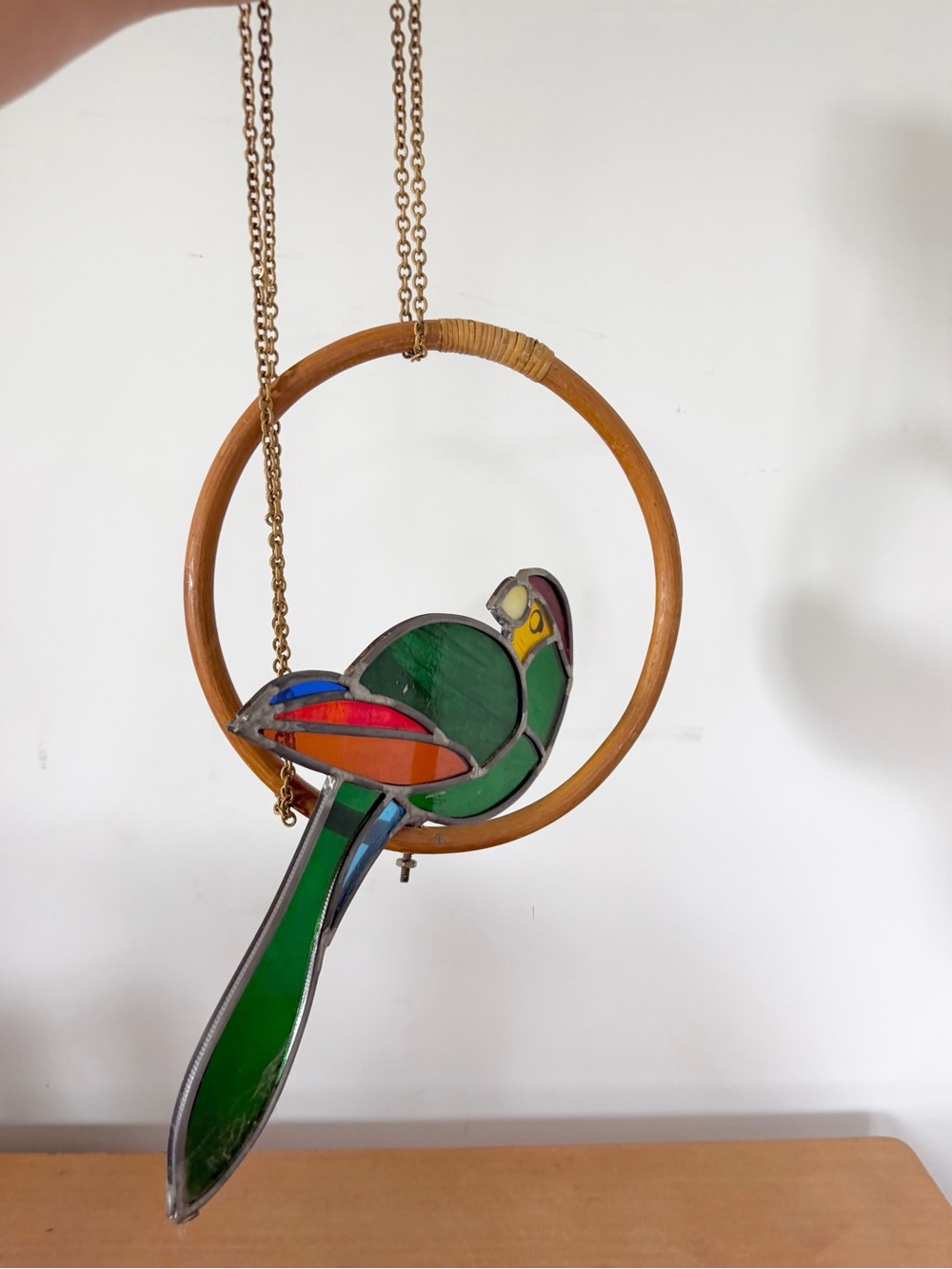 Gorgeous Stained Glass Parrot Bird on Perch Hanging Decor Green w Long Chain